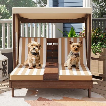 Costzon Kids Lounge Chair Outdoor, Wood Double Seat Chaise Lounge with Canopy, Cup Holders, Cushion, Backrest Recliner, Kids Patio Furniture, Gift for Boys Girls 3-8 Years Old