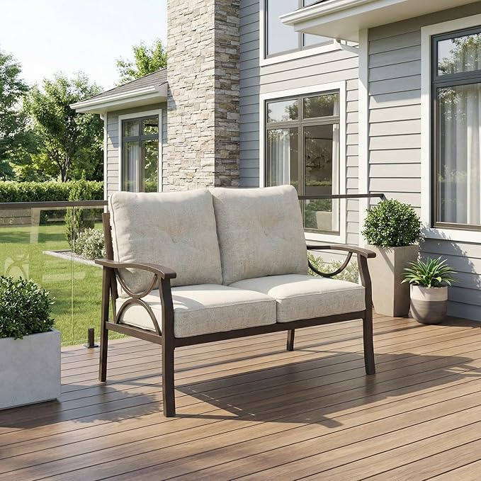 RoyalCraft Patio Loveseat, All-Weather Outdoor 2 Seats Sofa Couch, Khaki Metal Furniture with Beige Cushions - Photo 6