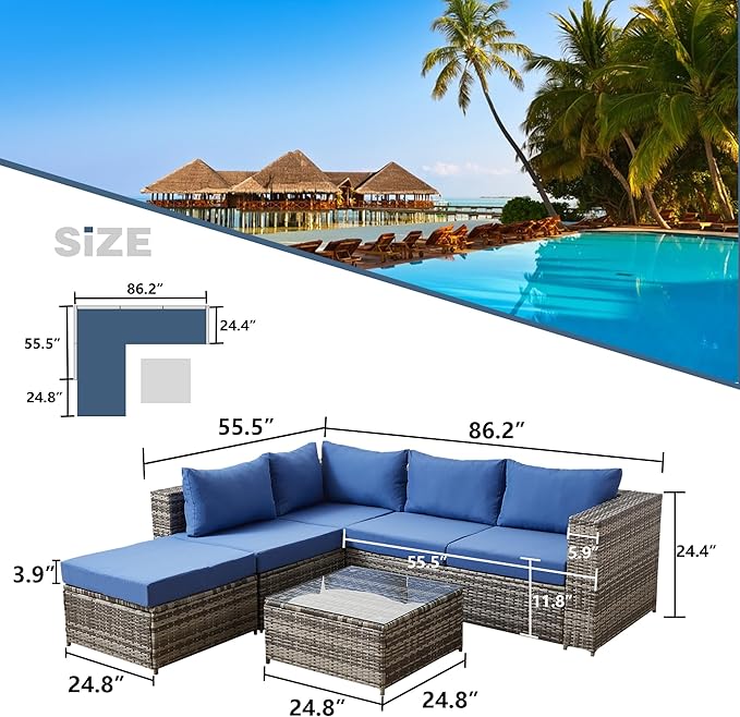 Outdoor Sectional Sofa Set Patio Furniture Sets All Weather PE Rattan Sectional Seating Group with Cushions and Table (Blue)