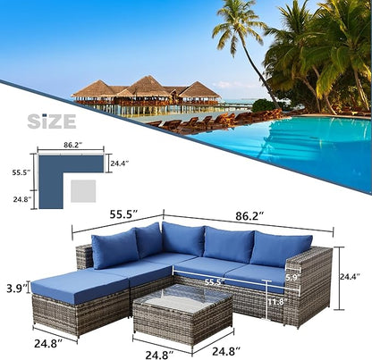 Outdoor Sectional Sofa Set Patio Furniture Sets All Weather PE Rattan Sectional Seating Group with Cushions and Table (Blue)
