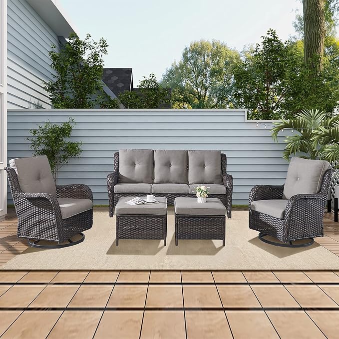 Rilyson Wicker Patio Furniture Set - 5 Piece Rattan Outdoor Sectional Conversation Sets with 2 Rocking Swivel Chairs - Photo 7