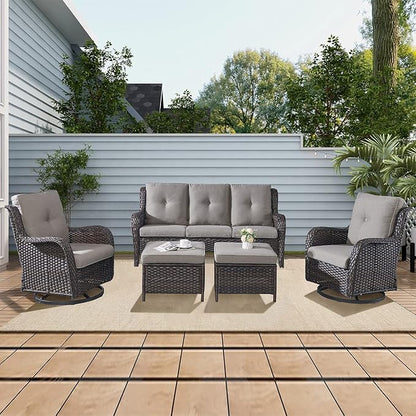Rilyson Wicker Patio Furniture Set - 5 Piece Rattan Outdoor Sectional Conversation Sets with 2 Rocking Swivel Chairs,2 Ottomans and 1 Sofa for Porch Deck Garden(Brown/Grey)