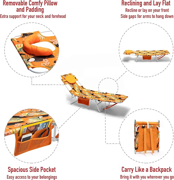 SUNNYFEEL Beach Lounge Chair, Backpack Reclining Beach Chairs Lay Flat, Sun Face Down Tanning Chair, Folding Camping Chairs Portable Camp Cot with Backpack Straps for Outdoor/Picnic/Lawn