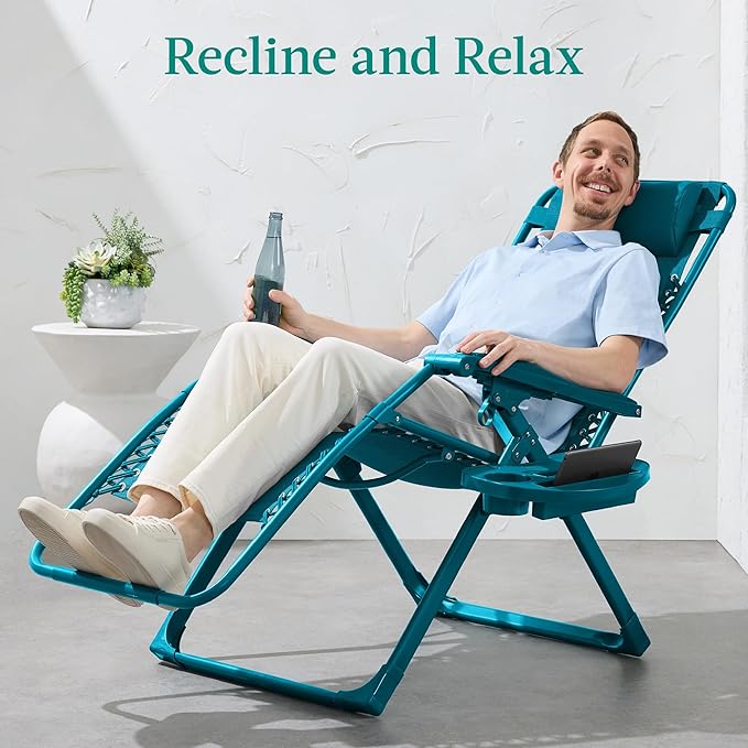 Best Choice Products Adjustable Zero Gravity Chair, Monochromatic Color Folding Patio Recliner w/Side Tray, Headrest - Peacock