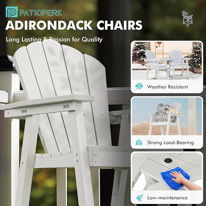 Tall Adirondack Chair Set of 4 with Double Connecting Tray, Recycled HDPE with Wood Grain, Weather Resistant, Outdoor Adirondack Chairs for Deck, Balcony, Patio, Backyard, White