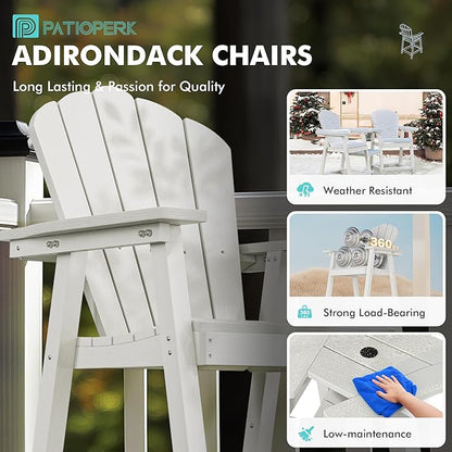 Tall Adirondack Chair Set of 2 with Double Connecting Tray, Recycled HDPE with Wood Grain, Weather Resistant, Outdoor Adirondack Chairs for Deck, Balcony, Patio, Backyard, White