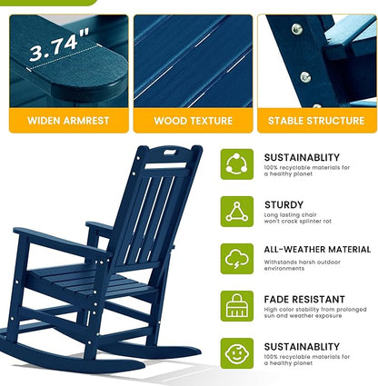 LOUNZY Outdoor Rocking Chair with Footboards Set of 2, HDPE Rocking Chair Patio Porch Rocker with 380lbs Support for Adult, Navy