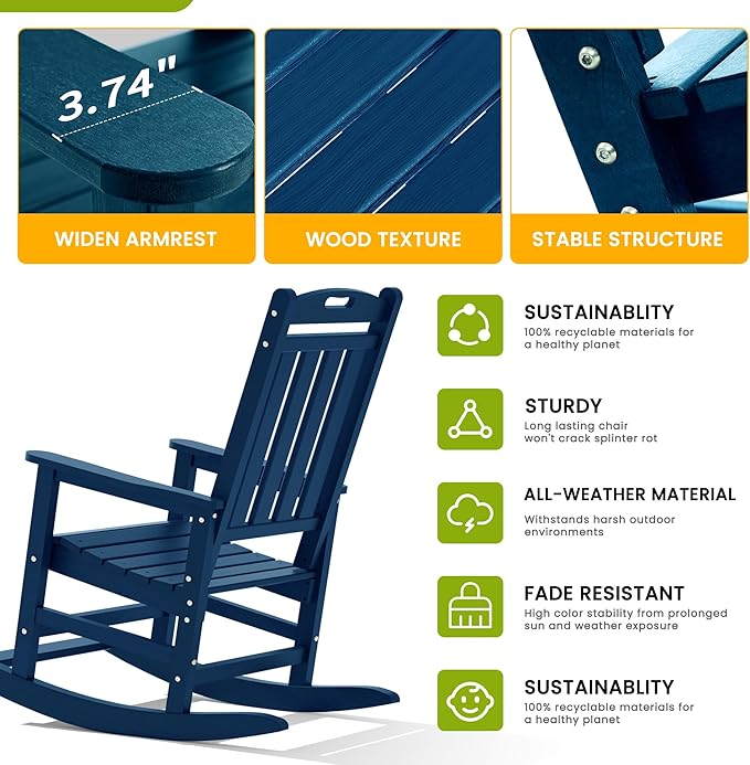 LOUNZY Outdoor Rocking Chair with Footboards Set of 8, HDPE Rocking Chair Patio Porch Rocker with 380lbs Support for Adult, Navy