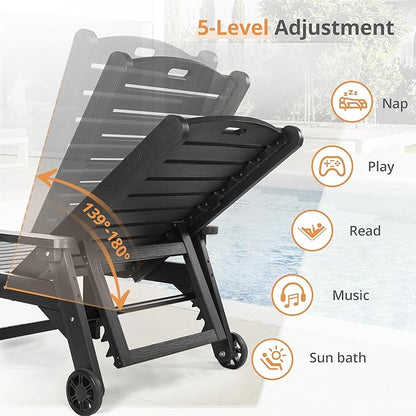 LUE BONA HDPS Chaise Lounge Chairs Set with Table, 3-Piece, Outdoor Pool Lounge Chair with Adjustable Backrest, Resin Patio Lounge Chairs with Wheels for Outside, Poolside, Black