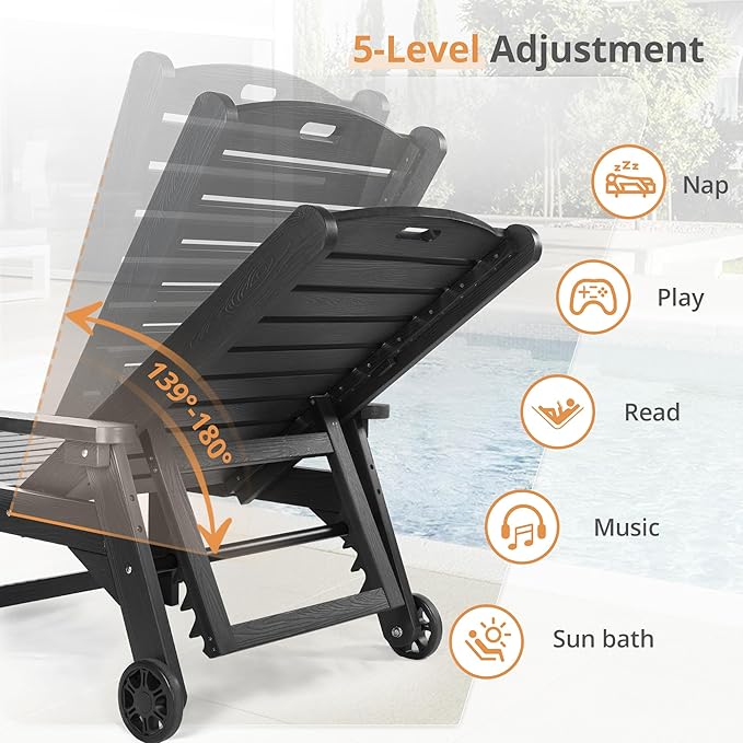 LUE BONA HDPS Chaise Lounge Chair with Table, 2-Piece,Outdoor Pool Lounge Chairs with Adjustable Backrest, Resin Patio Lounge Chairs with Wheels for Outside, Poolside, Black