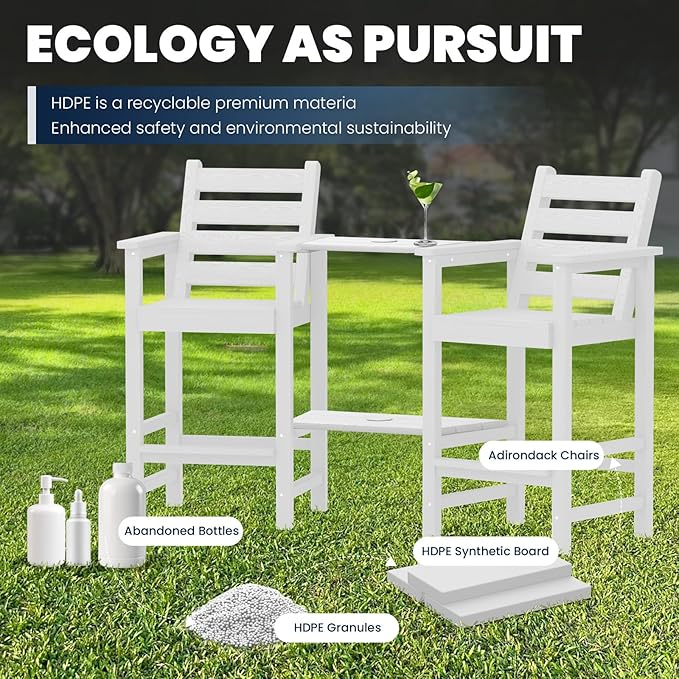 PLUUV Tall Adirondack Chairs Set of 2, All Weather HDPE Poly Bar Height Balcony Adirondack Chair with Removable Double Connecting Trays, Outdoor Adirondack Barstools for Deck, Patio, Yard, Pool, Lawn