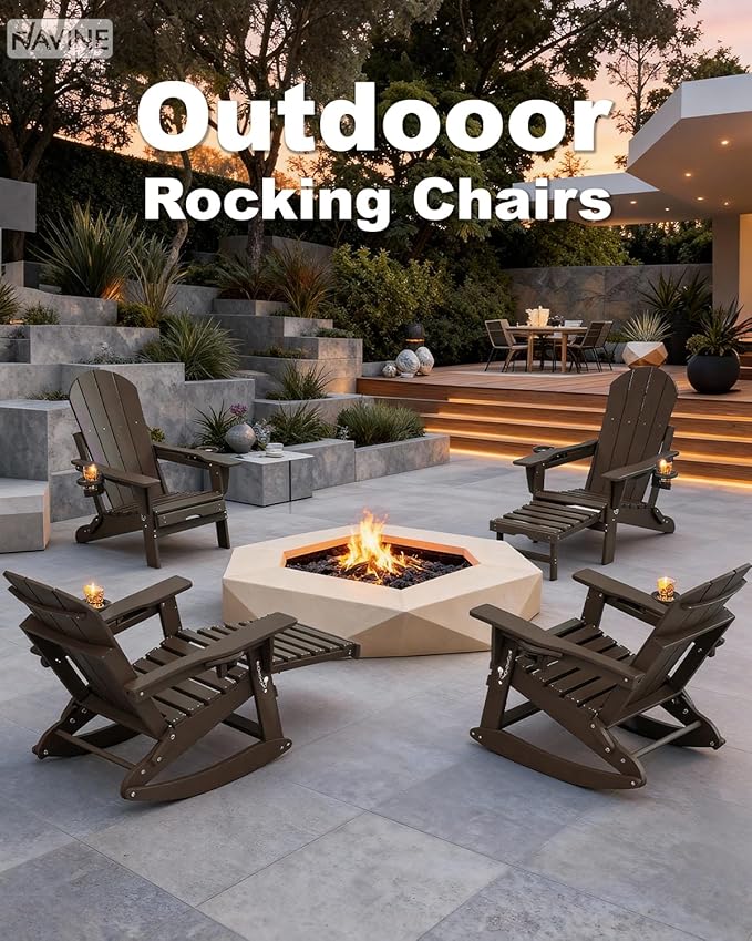 Adirondack Rocking Chairs Set of 6 with Retractable Ottoman, All Weather Folding Adirondack Chair with Two Cup Holders, Adirondack Outdoor Rocking Chairs for Porch, Patio, Balcony. Coffee