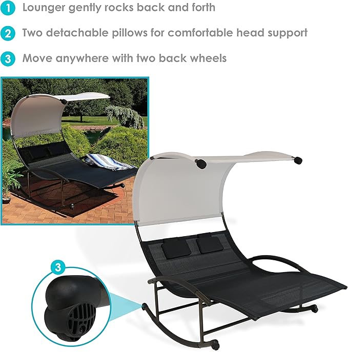 Sunnydaze Outdoor Double Chaise Rocking Lounge Chair with Canopy and Headrest Pillows - Black and White with Powder-Coated Frame