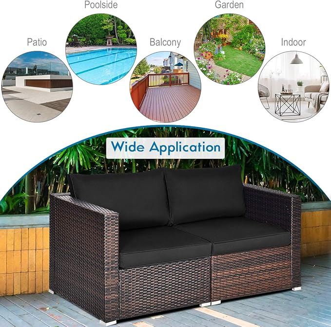 Tangkula 2 Seat Outdoor Wicker Loveseat Sofa Set, Modular PE Rattan 2 Pieces Outdoor Wicker Corner Sofa - Photo 6