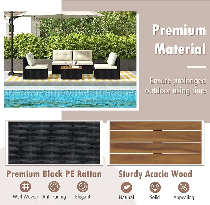 Tangkula 5 Piece Rattan Sofa Set, Patiojoy Outdoor Wicker Furniture Set with Seat & Back Cushions, Square Coffee Table, Patio Sectional Sofa Set for Backyard, Poolside, Garden