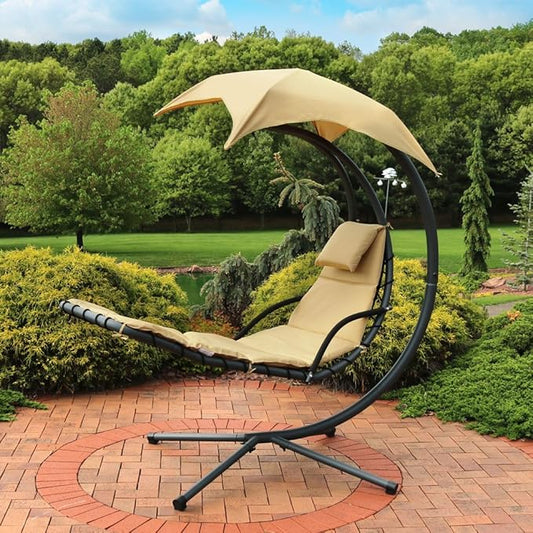 Sunnydaze Floating Chaise Lounger Swing Chair with Umbrella Canopy - Curved Steel Hammock Lounge Chair with Cushion and Pillow - Removable Cushion and Umbrella Shade - 82-Inch Tall - Beige