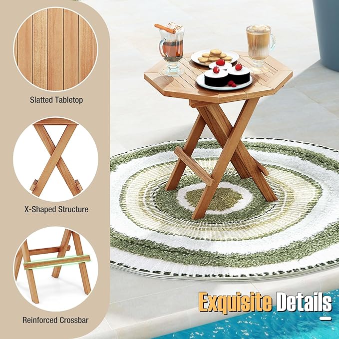 Tangkula Patio Folding Side Table, Teak Wood Octagon Coffee Table w/X-Shaped Legs & Slatted Tabletop - Photo 8