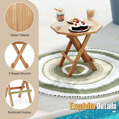 Tangkula Patio Folding Side Table, Teak Wood Octagon Coffee Table w/X-Shaped Legs & Slatted Tabletop, Portable & Compact Outdoor End Table for Backyard, Deck, Lawn