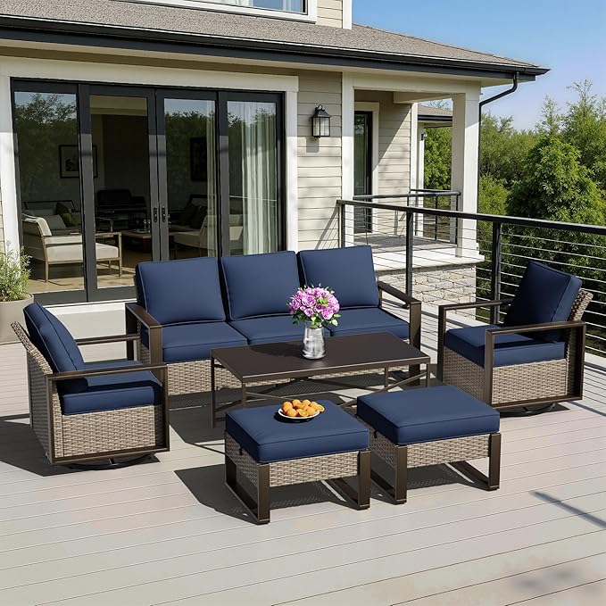 6 Pieces Metal Wicker Patio Furniture Set - 75" Sofa, Two Swivel Chairs and Two Ottomans, One Coffee Table All Weather Rattan Outdoor Conversation Furniture with Washable Cushion for Deck, Dark Blue