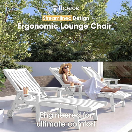 THOEOE Patio Chaise Lounge Chair, Oversized Lounge Chair Outdoor with 5 Positions, HDPE, Patio Lounge Chair with Wheels & Cup Holder for Pool, Deck, Poolside,White