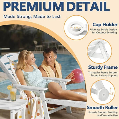 Patio Chaise Lounge Chair Set of 4, HDPE Outdoor Lounge Chairs with 5-Position Adjustable Backrest, Cup Holder and Wheels, 450lbs Capacity for Poolside Deck Backyard, All Weather Material(White)