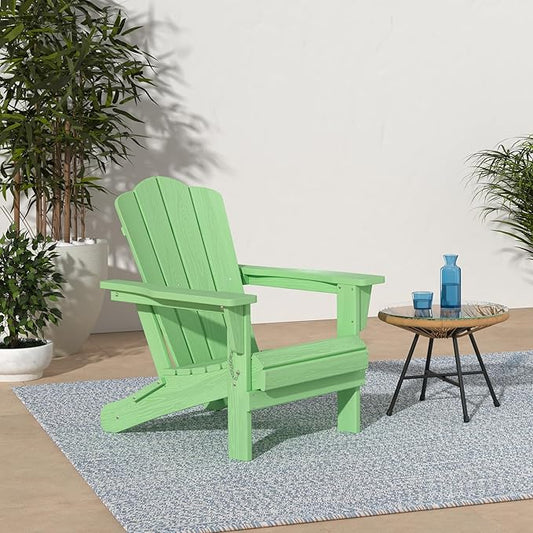 KINGYES Folding Adirondack Chair, HDPE All-Weather Patio Chairs, Wooden Textured Lawn Chair for Poolside, Backyard, Deck, Fire Pit, Light Green