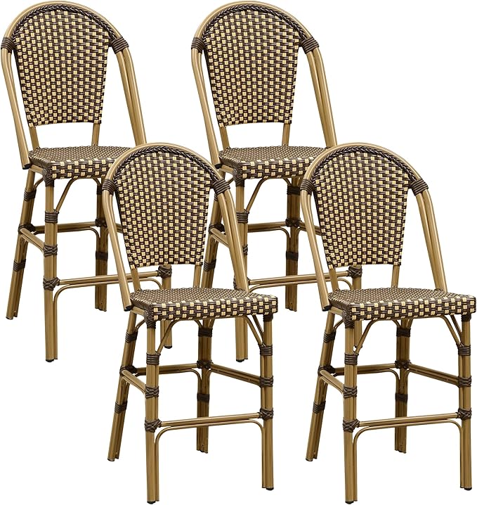 PURPLE LEAF French Counter Height Bar Stool Set of 4 25" Bamboo Print Finish Patio Bar Chairs with Back Rattan Bar Chairs French Bistro Set for Kitchen Outdoor Counter Stool Brown
