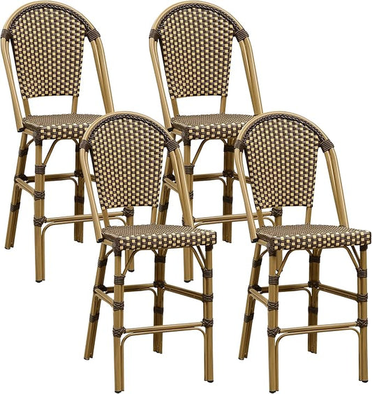 PURPLE LEAF French Counter Height Bar Stool Set of 4 25" Bamboo Print Finish Patio Bar Chairs with Back Rattan Bar Chairs French Bistro Set for Kitchen Outdoor Counter Stool Brown