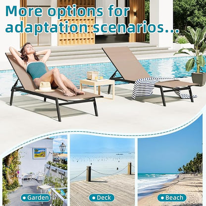 AECOJOY Patio Lounge Chairs for Outside, Adjustable Outdoor Chaise Lounge with Wheels and Adjustable 5-Position Recliner for Pool, Beach, Backyard, Deck, Lawn, Khaki