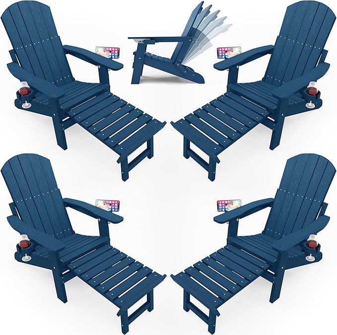 YEFU Adjustable Adirondack Chair with Footrest Set of 4, 5-Level Adjustable Adirondack Chair with Retractable Ottoman& 2 Cup Holder, Folding Adirondacks Chairs Use for Outdoor, Pool, Fire Pit (Navy)