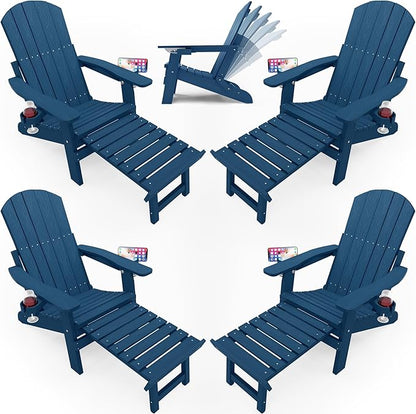 YEFU Adjustable Adirondack Chair with Footrest Set of 4, 5-Level Adjustable Adirondack Chair with Retractable Ottoman& 2 Cup Holder, Folding Adirondacks Chairs Use for Outdoor, Pool, Fire Pit (Navy)
