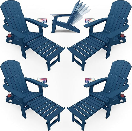 YEFU Adjustable Adirondack Chair with Footrest Set of 4, 5-Level Adjustable Adirondack Chair with Retractable Ottoman& 2 Cup Holder, Folding Adirondacks Chairs Use for Outdoor, Pool, Fire Pit (Navy)