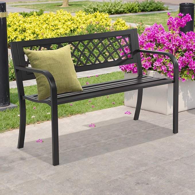 BSTOPHKL Outdoor Bench,Patio Garden Benches,Metal Weatherproof Porch Bench with Grid-Patterned Backrest and Armrest for Park Courtyard Porch,Bearing Capacity 480lbs,Black