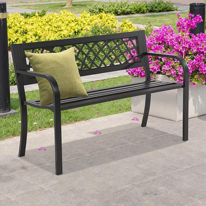 BSTOPHKL Outdoor Bench,Patio Garden Benches,Metal Weatherproof Porch Bench with Grid-Patterned Backrest and Armrest for Park Courtyard Porch,Bearing Capacity 480lbs,Black