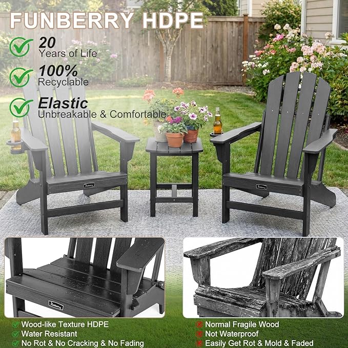 FUNBERRY Folding Adirondack Chairs Set of 2, HDPE Stable Gun-Leg Design Fire Pit Chairs with Cupholder All Weather for Outside