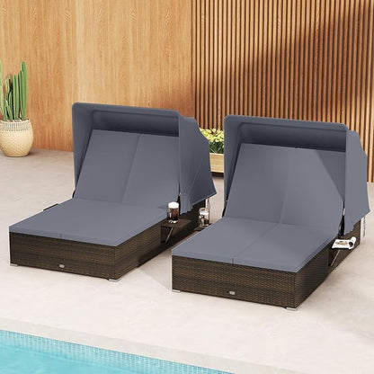Tangkula Outdoor Rattan Daybed with Canopy & 6-Level Adjustable Backrests, 2-Person Wicker Recliner Bed with Cushions & Folding Side Trays, Double Sunbed Lounger for Balcony, Backyard & Poolside