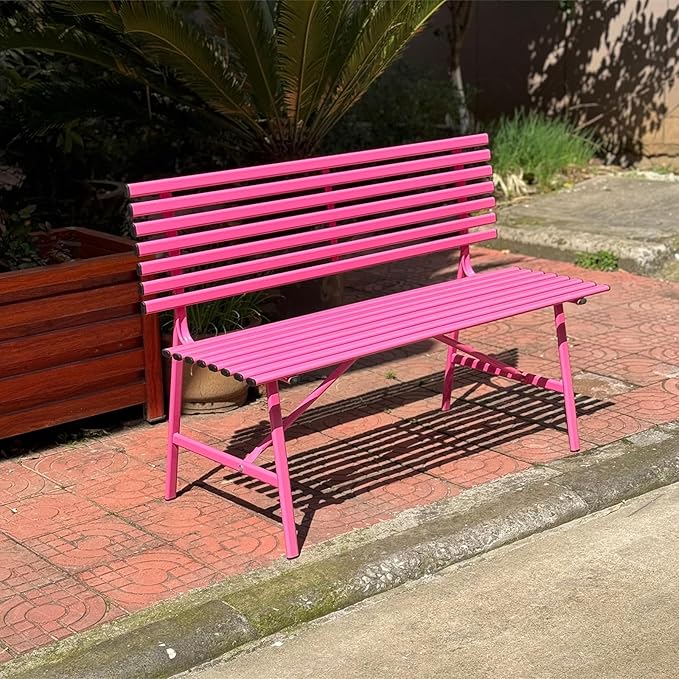 Sturdy 3-Seater Metal Garden Bench | 120cm Outdoor Patio Furniture with Slatted Seat & Backrest | Weather-Resistant Pink Leisure Bench for Parks & Patios