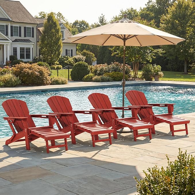 LOUNZY Folding Adjustable Adirondack Chair with Footrest Set of 4,HDPE Recliner Adirondack Chair with Cup Holder for Deck Lawn Fire Pit,Red