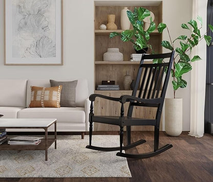 Carolina Chair & Table Belmont Outdoor Rocking Chair – Solid Wood Porch Rocker with Slat Back, Weatherproof Black Finish - Comfortable Armrests, Rustic Patio Garden Balcony Deck Seating Furniture
