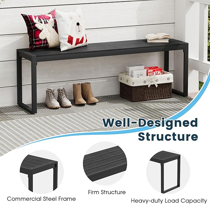 Outdoor Patio Backless Bench for 2-3 People, 53.2" All-Weather Long Metal Garden Bench Seat for Backyard, Porch,Lawn, Black