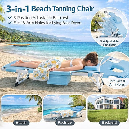 ABORON 4-in-1 Lounge Chair with Face & Arm Holes for Tanning, 440LB Heavy-Duty Folding Recliner with Plush Cotton Cushion, No Assembly Tri-Fold Guest Bed for Sunbathing, Poolside, Office Nap & Camping