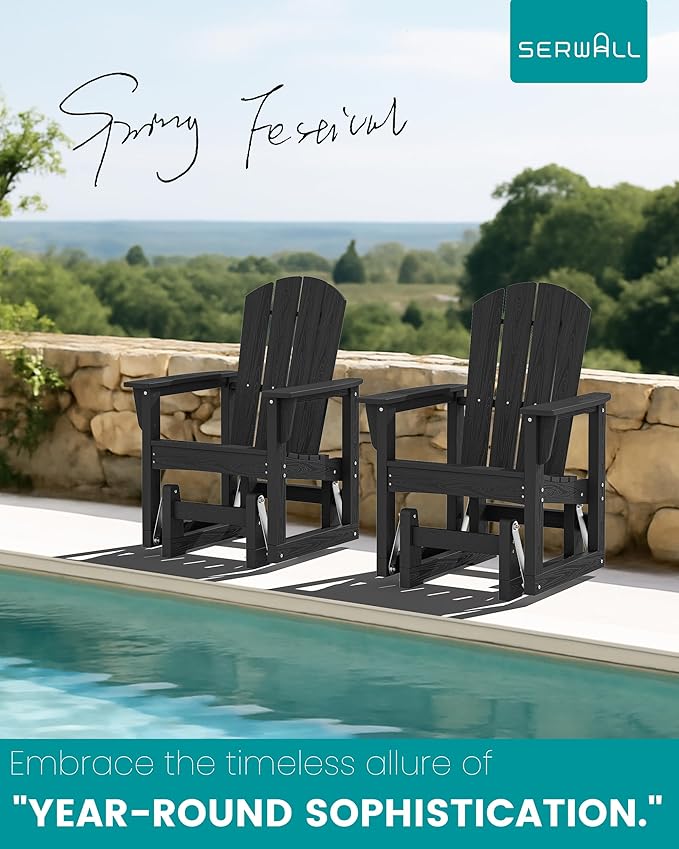 SERWALL Outdoor Glider Chair, HDPE Patio Glider Rocker All-Weather Porch Glider for Outside, Black - Photo 7