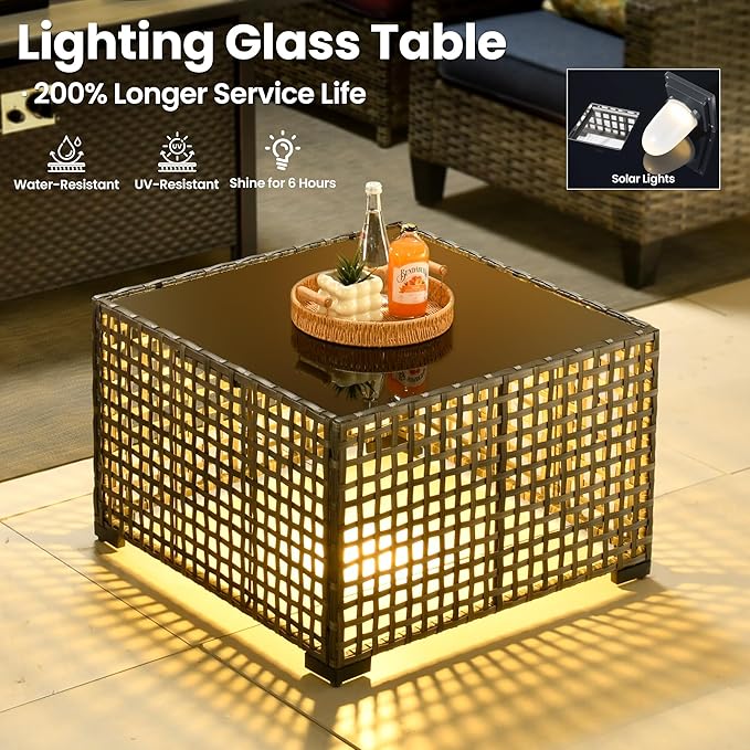 ovios Outdoor Side Table with Tempered Glass Top, Patio Wicker Rattan Solar Lights Tables for All-Weather Porch Deck Balcony Garden Poolside (Grey-Medium Size)