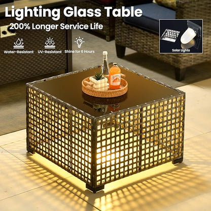 ovios Outdoor Side Table with Tempered Glass Top, Patio Wicker Rattan Solar Lights Tables for All-Weather Porch Deck Balcony Garden Poolside (Grey-Medium Size)
