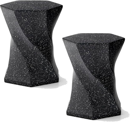 Glitzhome Outdoor Side Table Set of 2, 17.75" H Decorative Garden Stool MGO Twist Faux Terrazzo End Table, Round Planter Stand for Indoor Outdoor Living Room Bedroom Patio Deck Poolside, Black