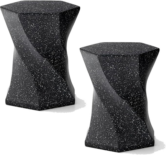 Glitzhome Outdoor Side Table Set of 2, 17.75" H Decorative Garden Stool MGO Twist Faux Terrazzo End Table, Round Planter Stand for Indoor Outdoor Living Room Bedroom Patio Deck Poolside, Black