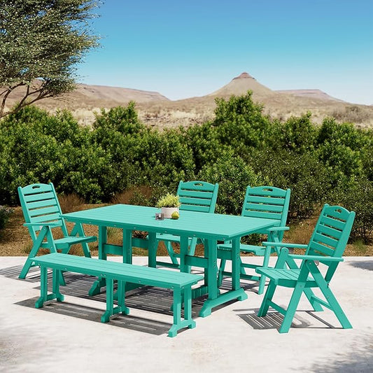 Costaelm Outdoor Adjustable Highback Folding Patio Dining Chair, HDPE Armrest Poly Lumber Restaurant Bistro Dining Chair for Outside Porch Backyard Garden, Turquoise