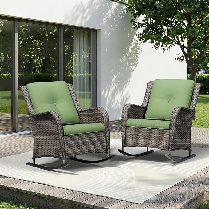 Patio Rocking Chairs Set of 2, Outdoor Wicker Patio Furniture Set 2 Pieces with Thickened Olefin Cushions, High Back and Deep Seating, Hand-Woven PE Rattan for Porch, Deck, Green