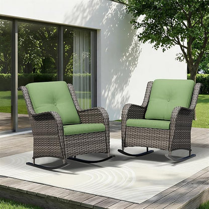Patio Rocking Chairs Set of 2, Outdoor Wicker Patio Furniture Set 2 Pieces with Thickened Olefin Cushions, High Back and Deep Seating, Hand-Woven PE Rattan for Porch, Deck, Green