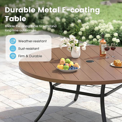 Patio Dining Table for 8-10, Round Metal Outdoor Table with 1.57" Umbrella Hole, 63" Outdoor Slat Tabletop Dining Table for Backyard, Porch, Lawn, Walnut